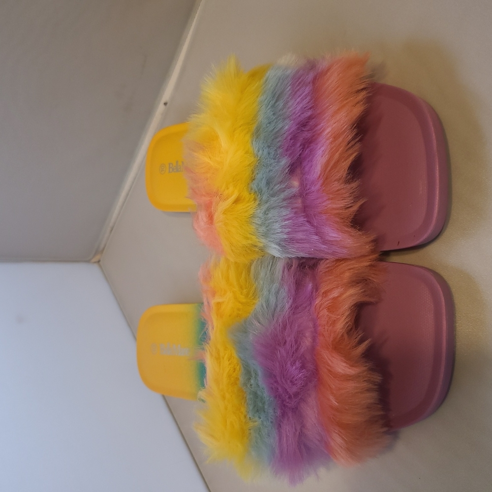 Faux fur Rainbow slip on slides